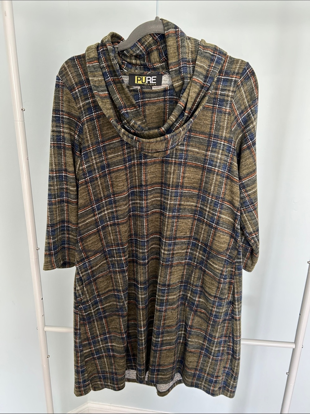Plaid Cowl-Neck Tunic Dress in Olive and Navy